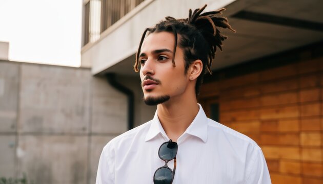 Urban lifestyle portrait of a young man in modern architecture casual attire outdoor setting thoughtful expression