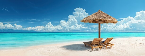 The thatched umbrella and wooden lounge chairs on a pristine tropical white sand beach