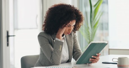 Business, headache and woman in office with tablet, stress or fatigue for target deadline. Anxiety, mental health and consultant in workplace with tech, burnout and migraine for KPI pressure. - Powered by Adobe