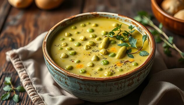 Creamy vegan green pea soup in rustic bowl, healthy meal, recipe, food - Powered by Adobe