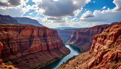 towering canyon cliffs shaped by river erosion, rugged rock layers revealing geological history, green water below reflecting sunlight, ultra sharp detail, dramatic sky illuminating desert scenery
