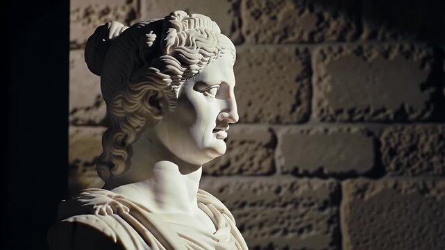 White Marble Bust Of Woman Against Brick Wall