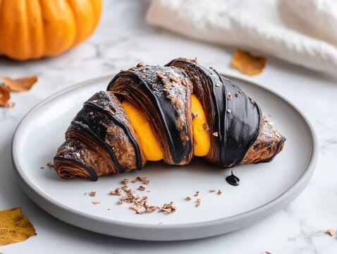 Dark Chocolate and Pumpkin Croissant with Fall Leaves - Powered by Adobe