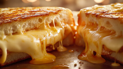 Melted cheese pulling from a perfectly toasted sandwich showcases delicious comfort food