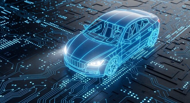 Wireframe Car Model on Digital Circuit Board automobile