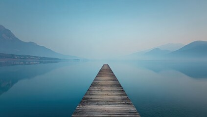 Tranquil lake vista with wooden pier