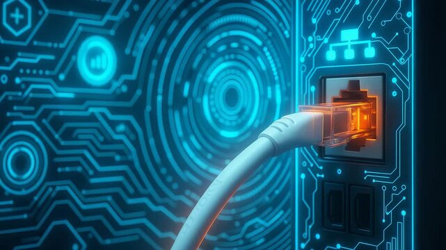 Ethernet Cable Connected to Port with Digital Circuit and Network Icons