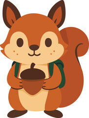 Cute squirrel holding an acorn with backpack straps