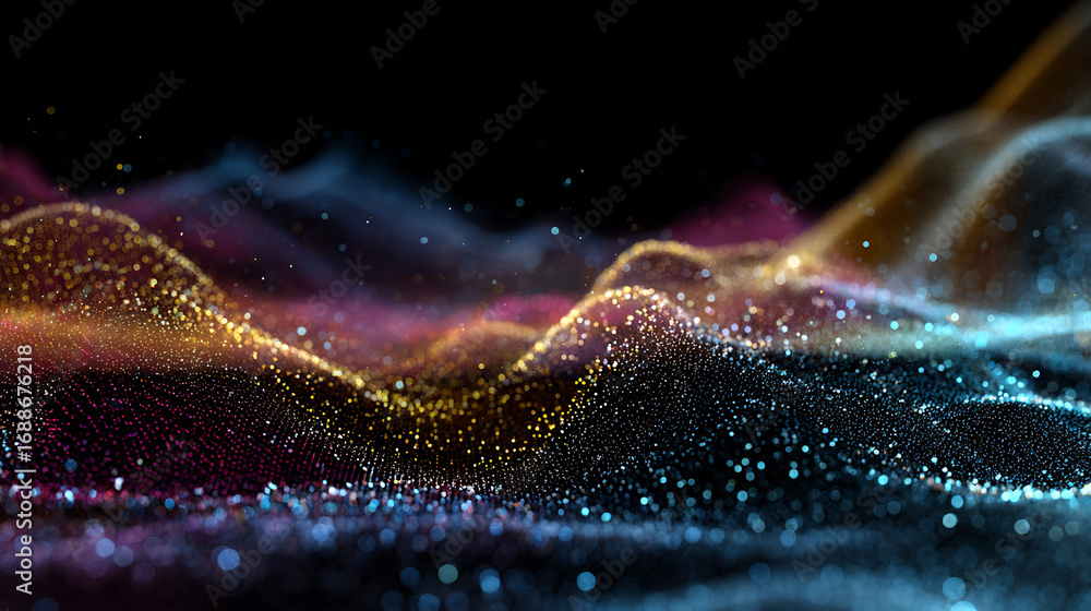 Aufkleber abstract futuristic digital landscape of glowing colorful particles forming dynamic waves with bokeh