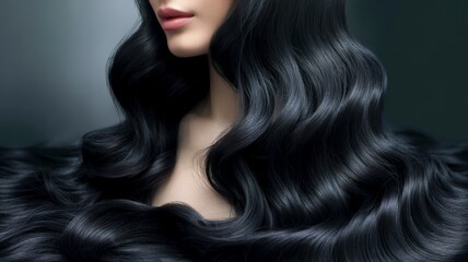 Naklejka premium A close-up view of cascading, shiny black hair, showcasing elegant waves and a smooth texture, emphasizing beauty and hair care.