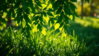 Obraz premium Emerald leaves cascade over sun-dappled grass, bokeh background, bokeh, bright