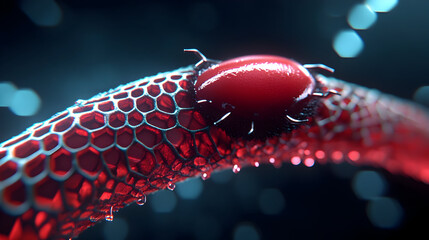 Microscopic view of vibrant red cells with hexagonal structures and water droplets glistening