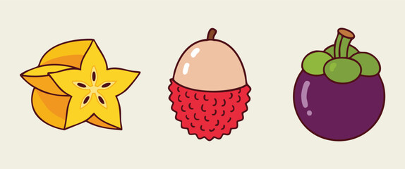 Exotic fruits row starfruit lychee and mangosteen