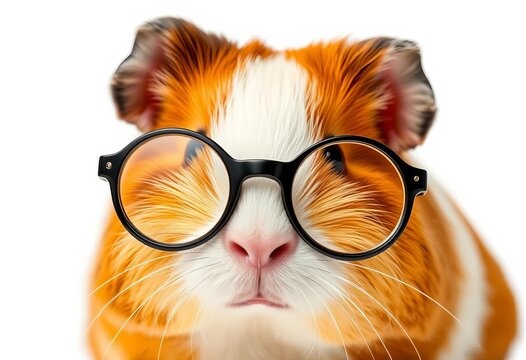 Adorable guinea pig in round spectacles, isolated on white,  animal,  funny