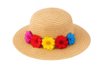 Straw hat decorated with colorful flowers on transparent background