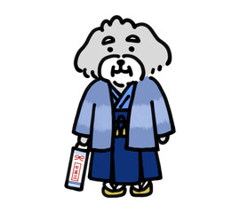 七五三の衣装を着た手描きの犬