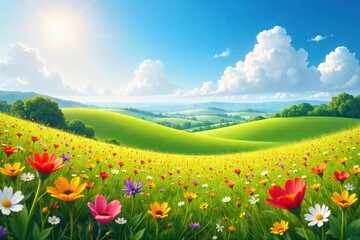 Rolling hills painted with vibrant wildflowers, a sun-drenched scene evoking pure joy and carefree laughter Perfect for travel, happiness, and summer concepts , peace, sky
