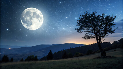 Fototapeta premium “Bright full moon glowing in night sky with stars scattered around. Concept of astronomy, nature, and celestial beauty.