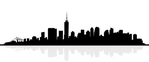 Fototapeta premium Black silhouette of a modern city skyline against a clean white background, high-rise, industrial