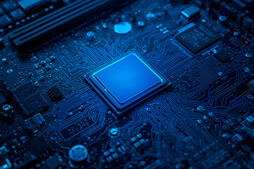 Computer board chip circuit cpu core blue technology background.