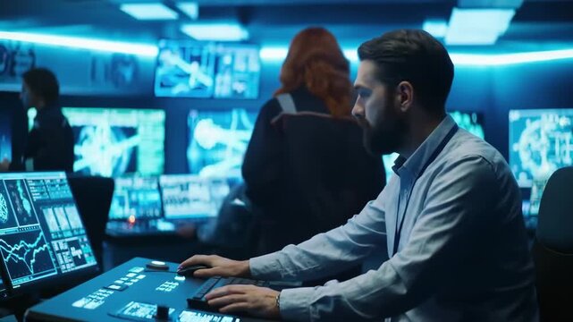 Redhead woman and bearded man communicate at advanced control center, working with data and monitors, futuristic technology footage.