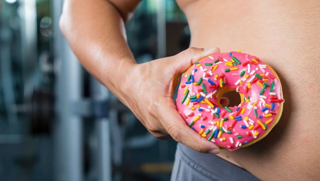 Person Holding Pink Sprinkle Donut Against Gym Attire Midsection Highlighting Fitness Food Contrast
