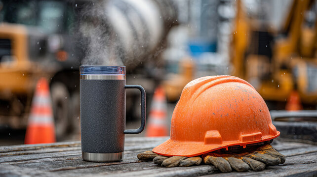 Steaming coffee mug and hard hat at construction site in winter.