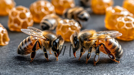 Two detailed honeybees gather around glistening honeycomb, showcasing nature's sweet bounty