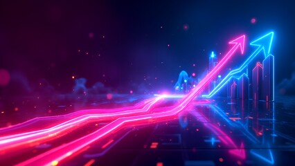 A vibrant digital visualization of upward trends, featuring neon arrows and graphs against a futuristic background.