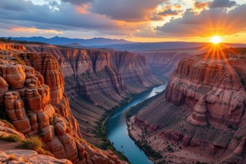 towering limestone cliffs forming a rocky canyon, sculpted by water erosion, stratified layers glowing under sunset, turquoise river winding below, cinematic photorealistic breathtaking landscape
