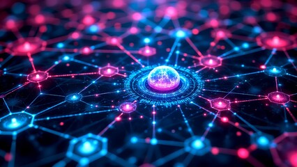 A vibrant digital network visualization featuring interconnected nodes and a central glowing orb, symbolizing technology and connectivity.