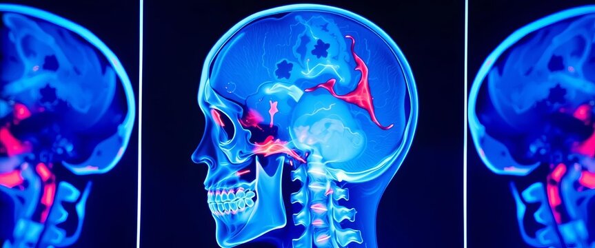 Head x-ray showing skull fractures and possible brain trauma, diagnosis, medical imaging