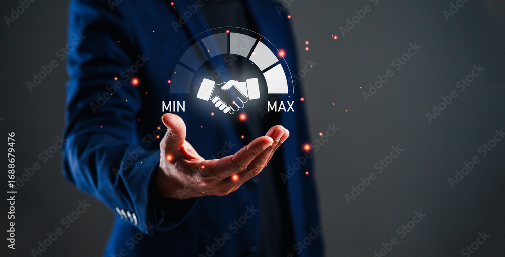 Poster a business professional offers a handshake graphic, symbolizing collaboration and negotiation betwee