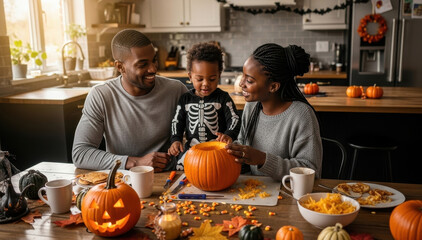 Happy african american mom, dad and son have fun and celebrate Halloween at home. Happy black family preparing for Halloween celebration.