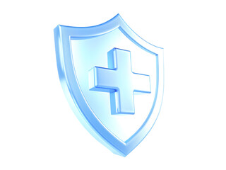 Fototapeta premium Glowing blue shield with medical cross symbol on black background