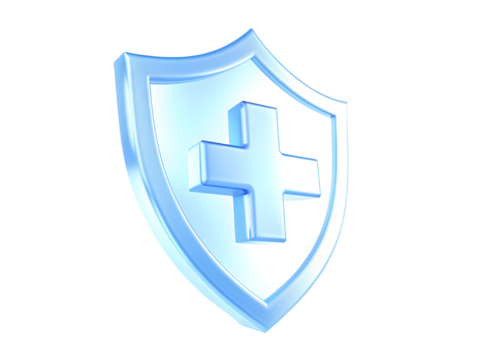 Glowing blue shield with medical cross symbol on black background - Powered by Adobe
