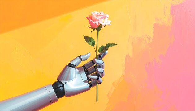 A conceptual image showing the fusion of technology and nature, with a metallic robot hand gently holding a single pink rose against a vibrant, colorful background
