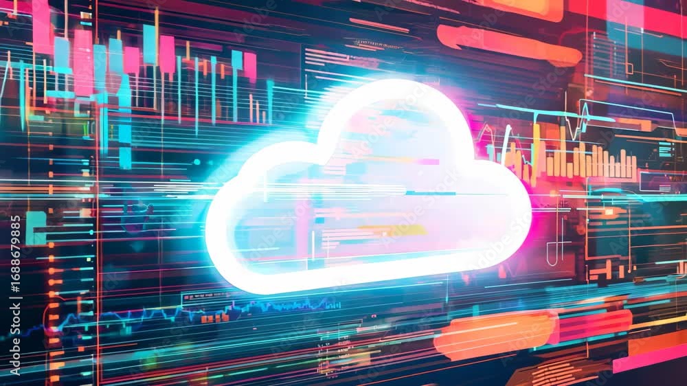 Poster vibrant digital representation of cloud technology with colorful data connections. ideal for illustr