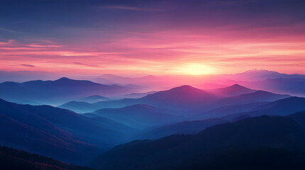 Obraz premium Beautiful Tranquil Sunset Over Mountain Landscape with Vibrant Orange and Pink Sky
