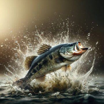 Vibrant largemouth bass rising with splash under glowing golden light. Perfect for fishing apparel, souvenirs, tees, prints, highlighting thrill of angling and outdoor sport