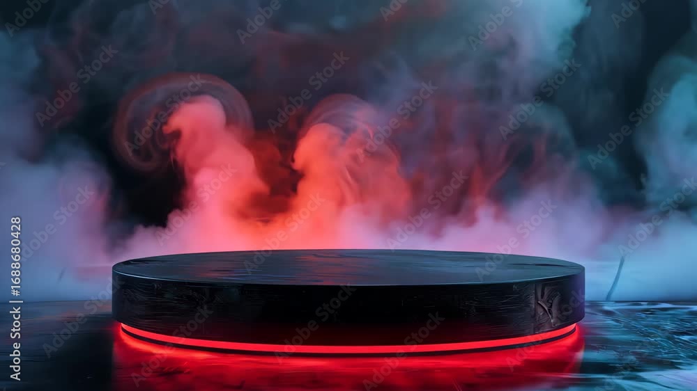 Poster a captivating dark studio scene featuring a circular platform illuminated by red lighting effects an