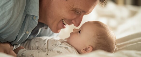 The joyful connection between a father and his smiling baby on a soft blanket.