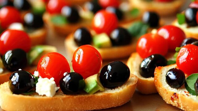 A visually appealing display of bite-sized appetizers featuring fresh tomatoes, olives, cucumber, and cheese on a rustic bread base. Perfect for gatherings.