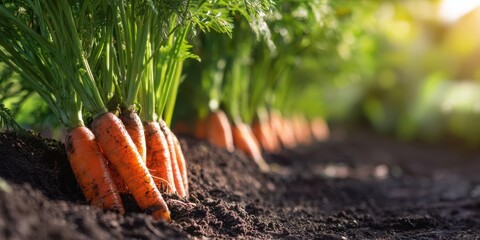 The vibrant orange carrots growing in rich soil under warm sunlight.