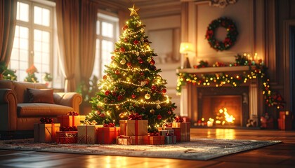 A beautifully decorated Christmas tree with glowing lights stands in a cozy living room with a warm fireplace and presents