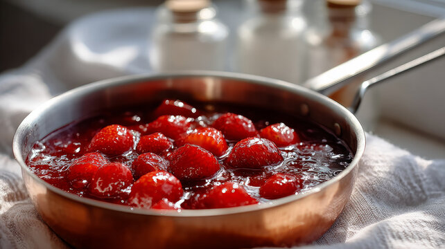 Fresh strawberries simmering in a saucepan, rustic kitchen setting.