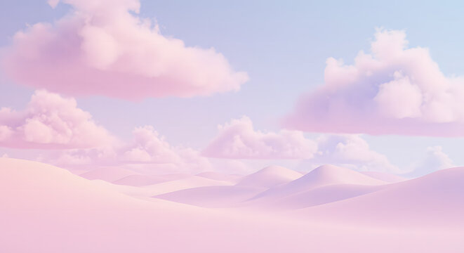 Pastel pink sky with fluffy clouds.