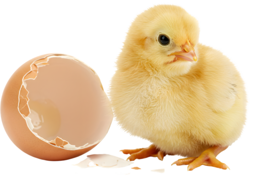 Newly hatched chick beside an eggshell, symbolizing new beginnings in a natural setting