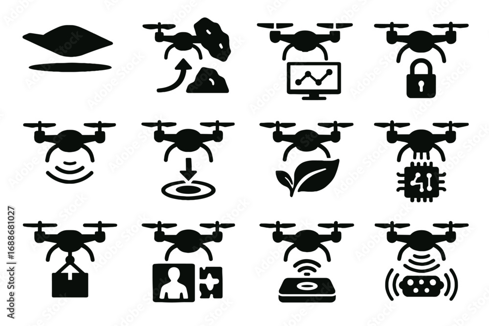 Poster vector quantum charging landing efficiency flight icon autonomous energy avoidance precision drone