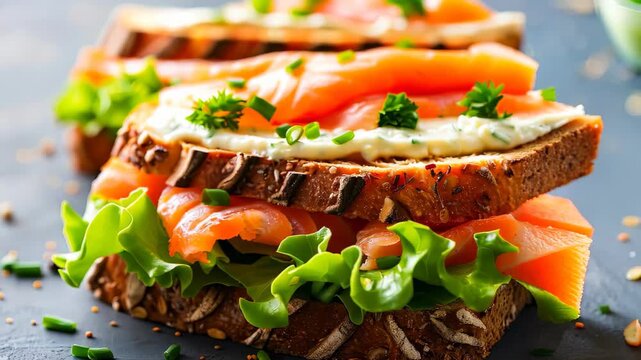 A delectable open sandwich featuring fresh salmon, cream cheese, and crisp vegetables on dark bread, perfect for a gourmet meal or snack.